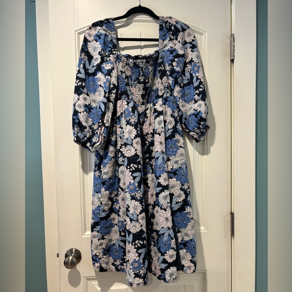 J. Crew Long Sleeve Floral Dress in Blue and White